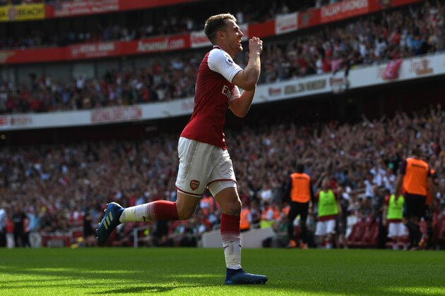 LONDON, ENGLAND - APRIL 22:  Aaron Ramsey of Arsenal celebrates scoring his side's second goal during the Premier League match between Arsenal and West Ham United at Emirates Stadium on April 22, 2018 in London, England.  (Photo by Shaun Botterill/Getty Images)