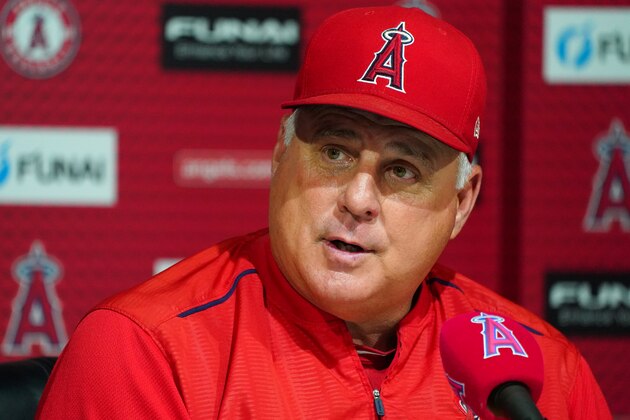 ANAHEIM, CA - JULY 08:  Manager Mike Scioscia of the Los Angeles Angels of Anaheim answers a question at a press conference after his team's game against the Los Angeles Dodgers at Angel Stadium on July 8, 2018 in Anaheim, California.  (Photo by Masterpress/Getty Images)