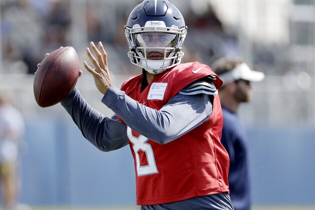 Tennessee Titans quarterback Marcus Mariota passes during NFL football training camp Saturday, July 28, 2018, in Nashville, Tenn. (AP Photo/Mark Humphrey)