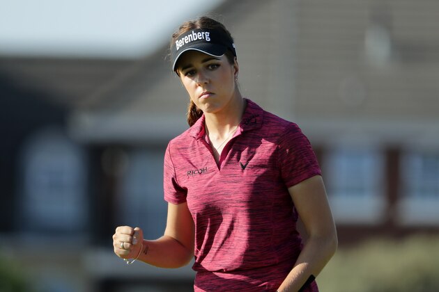 LYTHAM ST ANNES, ENGLAND - AUGUST 05:  Georgia Hall of England reacts to making a birdie on 16th green during day four of Ricoh Women's British Open at Royal Lytham & St. Annes on August 5, 2018 in Lytham St Annes, England.  (Photo by Richard Heathcote/Getty Images)