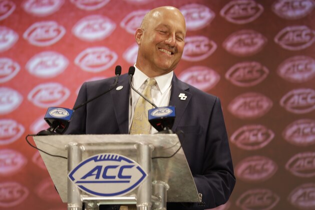 Boston College head coach Steve Addazio answers a question during a news conference at the NCAA Atlantic Coast Conference college football media day in Charlotte, N.C., Thursday, July 19, 2018. (AP Photo/Chuck Burton)