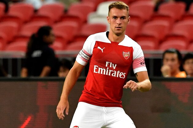 SINGAPORE - JULY 26: Aaron Ramsey of Arsenal in action during the International Champions Cup 2018 match between Club Atletico de Madrid and Arsenal at the National Stadium on July 26, 2018 in Singapore.  (Photo by Allsport Co./Getty Images)