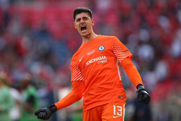LONDON, ENGLAND - MAY 19:  Thibaut Courtois of Chelsea celebrates at the end of the Emirates FA Cup Final between Chelsea and Manchester United at Wembley Stadium on May 19, 2018 in London, England. (Photo by Robbie Jay Barratt - AMA/Getty Images)