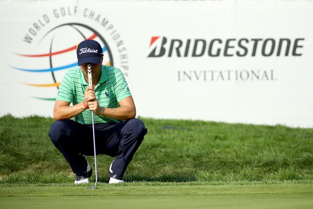 AKRON, OH - AUGUST 05:  Justin Thomas looks on from the 18th green during the World Golf Championships-Bridgestone Invitational - Final Round at Firestone Country Club South Course on August 5, 2018 in Akron, Ohio.  (Photo by Gregory Shamus/Getty Images)