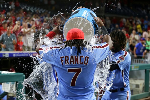 PHILADELPHIA, PA - AUGUST 2: Maikel Franco #7 of the Philadelphia Phillies is dosed with water after hitting a game winning walk-off three-run home run in the ninth inning during a game against the Miami Marlins at Citizens Bank Park on August 2, 2018 in Philadelphia, Pennsylvania. The Phillies won 5-2. (Photo by Hunter Martin/Getty Images)