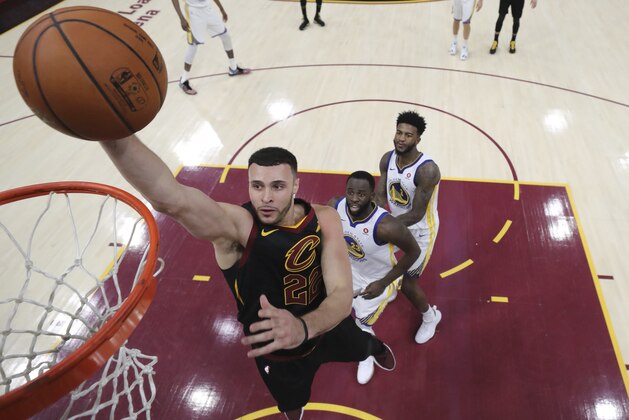 Cleveland Cavaliers' Larry Nance Jr. goes up for a shot during the first half of Game 4 of basketball's NBA Finals against the Golden State Warriors, Friday, June 8, 2018, in Cleveland. (Kyle Terada/Pool Photo via AP)