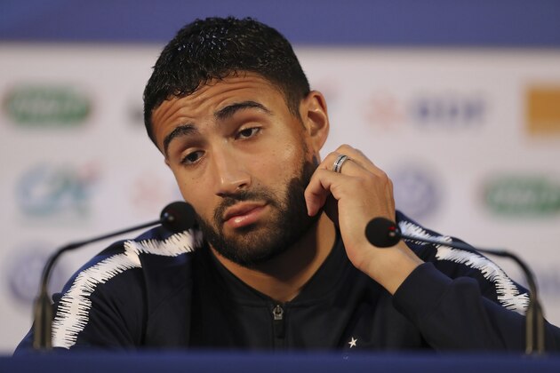 France's Nabil Fekir reacts during a press conference at the 2018 soccer World Cup in Istra, Russia, Tuesday, June 19, 2018. (AP Photo/David Vincent)