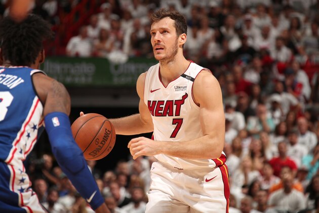 MIAMI, FL - APRIL 21: Goran Dragic #7 of the Miami Heat handles the ball against the Philadelphia 76ers in Game Four of the Eastern Conference Quarterfinals during the 2018 NBA Playoffs on April 21, 2018 at American Airlines Arena in Miami, Florida. NOTE TO USER: User expressly acknowledges and agrees that, by downloading and/or using this photograph, user is consenting to the terms and conditions of the Getty Images License Agreement. Mandatory Copyright Notice: Copyright 2018 NBAE (Photo by Issac Baldizon/NBAE via Getty Images)