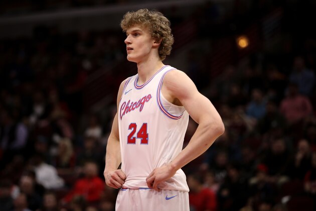 CHICAGO, IL - APRIL 11:  Lauri Markkanen #24 of the Chicago Bulls looks on in the first quarter against the Detroit Pistons at the United Center on April 11, 2018 in Chicago, Illinois. NOTE TO USER: User expressly acknowledges and agrees that, by downloading and or using this photograph, User is consenting to the terms and conditions of the Getty Images License Agreement. (Dylan Buell/Getty Images) *** Local Caption *** Lauri Markkanen