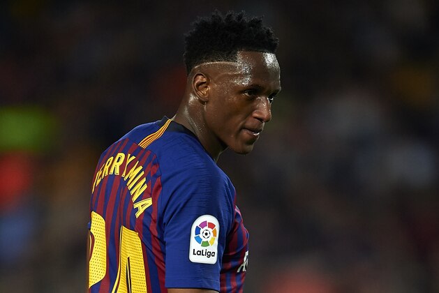 BARCELONA, SPAIN - MAY 20:  Yerry Mina of Barcelona looks on during the La Liga match between Barcelona and Real Sociedad at Camp Nou on May 20, 2018 in Barcelona, Spain.  (Photo by Quality Sport Images/Getty Images)