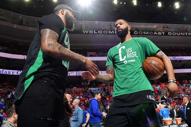 PHILADELPHIA, PA - MAY 7: Markieff Morris #5 of the Washington Wizards and Marcus Morris #13 of the Boston Celtics talk during the game against the Philadelphia 76ers during Game Four of the Eastern Conference Semifinals of the 2018 NBA Playoffs on May 5, 2018 at Wells Fargo Center in Philadelphia, Pennsylvania. NOTE TO USER: User expressly acknowledges and agrees that, by downloading and or using this photograph, User is consenting to the terms and conditions of the Getty Images License Agreement. Mandatory Copyright Notice: Copyright 2018 NBAE (Photo by Jesse D. Garrabrant/NBAE via Getty Images)