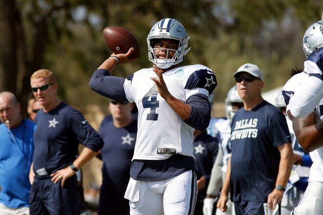 OXNARD, CA - AUGUST 01:  Dak Prescott #4 of the Dallas Cowboys throws a pass during training camp at River Ridge Playing Fields on August 1, 2018 in Oxnard, California.  (Photo by Josh Lefkowitz/Getty Images)