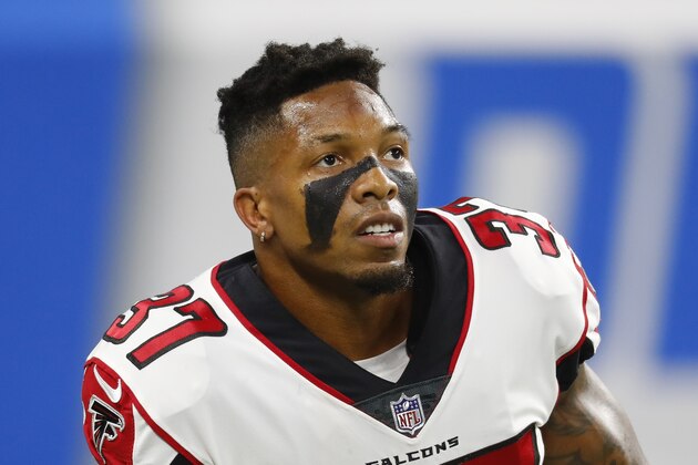 FILE - In this Sept. 24, 2017, file photo, Atlanta Falcons free safety Ricardo Allen warms up before an NFL football game in Detroit.  Atlanta ranks in the top 10 in both total defense and scoring defense and that's a claim the Falcons, who play the Rams in the wild-card game on Saturday, Jan. 6, 2018, haven't been able to make since 1998. (AP Photo/Paul Sancya, File)