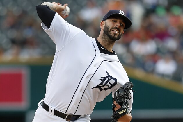 Detroit Tigers pitcher Mike Fiers throws against the Cleveland Indians in the first inning of a baseball game in Detroit, Friday, July 27, 2018. (AP Photo/Paul Sancya)