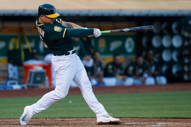 OAKLAND, CA - AUGUST 04:  Matt Chapman #26 of the Oakland Athletics at bat against the Detroit Tigers during the fifth inning at the Oakland Coliseum on August 4, 2018 in Oakland, California. The Oakland Athletics defeated the Detroit Tigers 2-1. (Photo by Jason O. Watson/Getty Images)