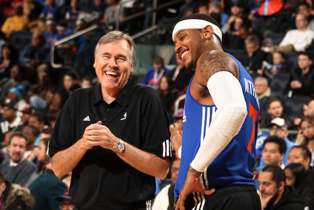 NEW YORK, NY - DECEMBER 18: Head Coach Mike D'Antoni and Carmelo Anthony #7 of the New York Knicks during the New York Knicks open practice on December 18, 2011 at Madison Square Garden in New York City.  NOTE TO USER: User expressly acknowledges and agrees that, by downloading and or using this photograph, User is consenting to the terms and conditions of the Getty Images License Agreement. Mandatory Copyright Notice: Copyright 2011 NBAE  (Photo by Nathaniel S. Butler/NBAE via Getty Images)