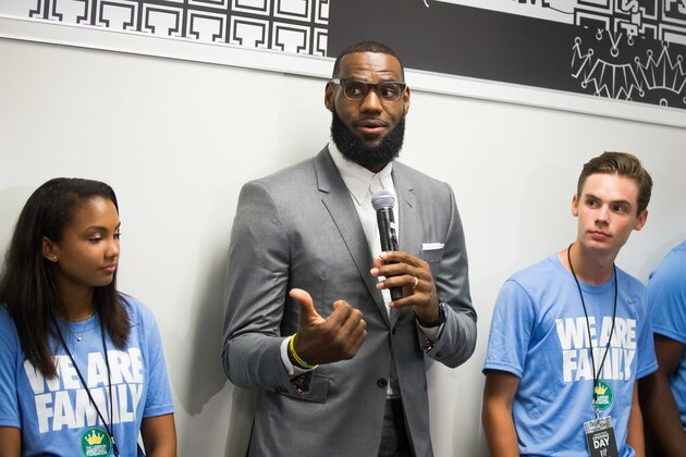 AKRON, OH - JULY 30: LeBron James addresses the media following the grand opening of the I Promise school on July 30, 2018 in Akron, Ohio. The new school is a partnership between the LeBron James Family foundation and Akron Public Schools. NOTE TO USER: User expressly acknowledges and agrees that, by downloading and/or using this Photograph, user is consenting to the terms and conditions of the Getty Images License Agreement. Mandatory Copyright Notice: Copyright 2018 NBAE (Photo by Allison Farrand/NBAE via Getty Images)