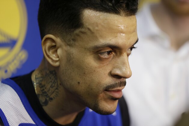 Golden State Warriors forward Matt Barnes talks with reporters following NBA basketball practice Wednesday, March 8, 2017, in Oakland, Calif. (AP Photo/Eric Risberg)