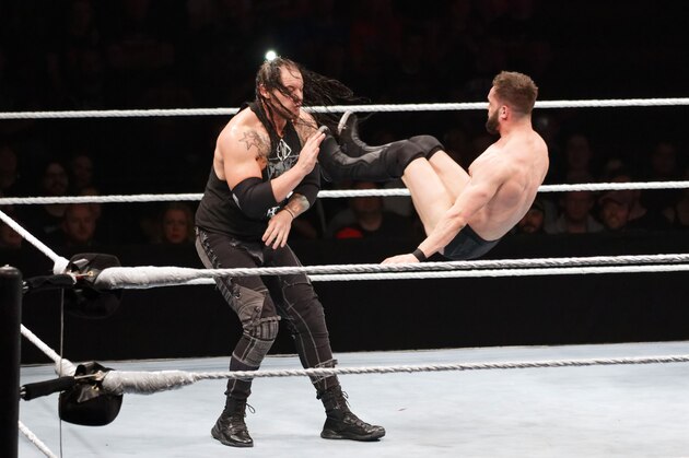 PARIS, FRANCE - MAY 19:  Finn Balor (R) in action vs Baron Corbin during WWE Live AccorHotels Arena Popb Paris Bercy on May 19, 2018 in Paris, France.  (Photo by Sylvain Lefevre/Getty Images)