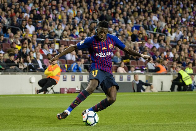 BARCELONA, SPAIN - MAY 20: Ousmane Dembele of FC Barcelona attempts a kick during the La Liga match between Barcelona and Real Sociedad at Camp Nou on May 20, 2018 in Barcelona, . (Photo by Power Sport Images/Getty Images)