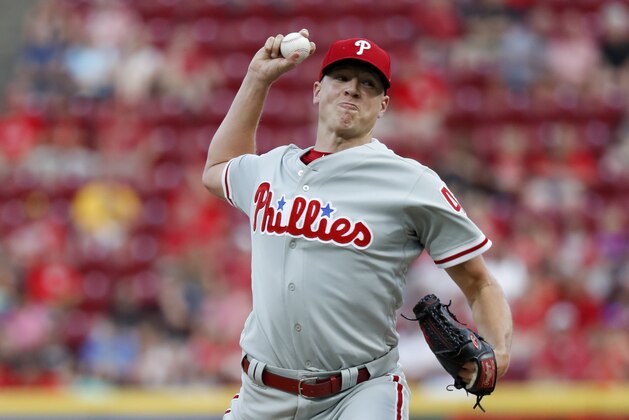 Philadelphia Phillies starting pitcher Nick Pivetta throws in the fourth inning of a baseball game against the Cincinnati Reds, Friday, July 27, 2018, in Cincinnati. (AP Photo/John Minchillo)