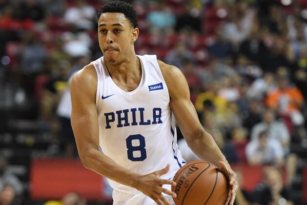 LAS VEGAS, NV - JULY 06:  Zhaire Smith #8 of the Philadelphia 76ers brings the ball up the court against the Boston Celtics during the 2018 NBA Summer League at the Thomas & Mack Center on July 6, 2018 in Las Vegas, Nevada. The Celtics defeated the 76ers 69-63. NOTE TO USER: User expressly acknowledges and agrees that, by downloading and or using this photograph, User is consenting to the terms and conditions of the Getty Images License Agreement.  (Photo by Ethan Miller/Getty Images)