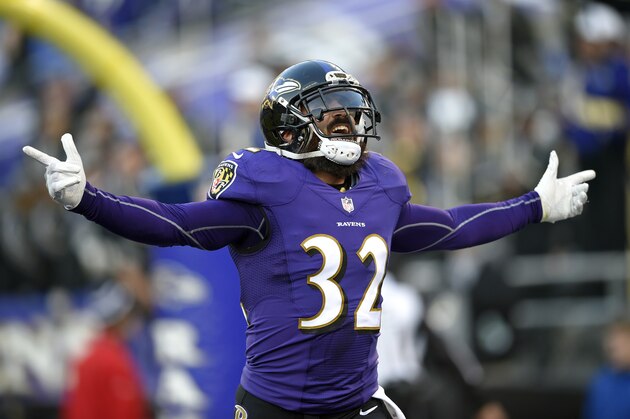 Baltimore Ravens free safety Eric Weddle celebrates after running an intercepted pass back for a touchdown in the second half of an NFL football game against the Detroit Lions, Sunday, Dec. 3, 2017, in Baltimore. (AP Photo/Nick Wass)