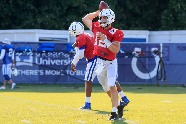 WESTFIELD, IN  AUGUST 6: Quarterback Andrew Luck #12 runs through a drill during the Colts' training camp at Grand Park on August 6, 2018 in Westfield, Indiana. (Photo by Justin Casterline/Getty Images)