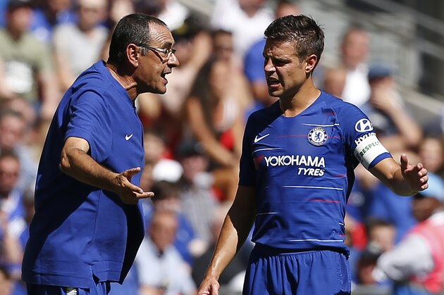 Chelsea's Italian head coach Maurizio Sarri (L) talks with Chelsea's Spanish defender Cesar Azpilicueta on the touchline during the English FA Community Shield football match between Chelsea and Manchester City at Wembley Stadium in north London on August 5, 2018. (Photo by Ian KINGTON / AFP) / NOT FOR MARKETING OR ADVERTISING USE / RESTRICTED TO EDITORIAL USE        (Photo credit should read IAN KINGTON/AFP/Getty Images)