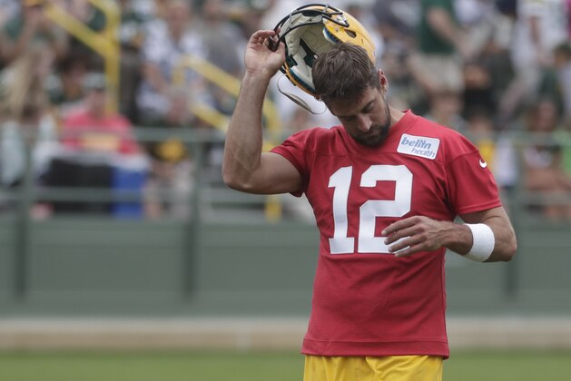 Green Bay Packers' Aaron Rodgers is seen during NFL football training camp Thursday, July 26, 2018, in Green Bay, Wis. (AP Photo/Morry Gash)