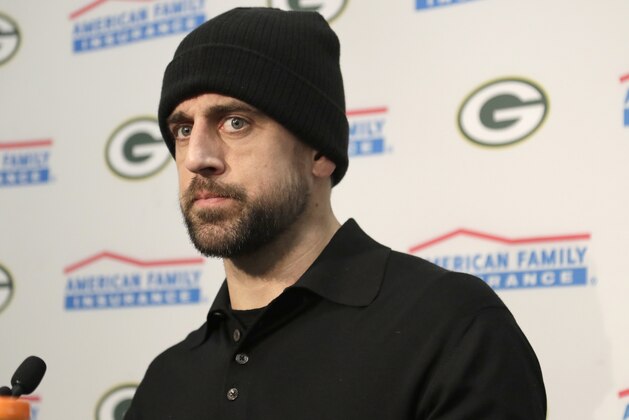 Green Bay Packers' Aaron Rodgers pauses as he speaks to the media after an NFL football game against the Carolina Panthers in Charlotte, N.C., Sunday, Dec. 17, 2017. (AP Photo/Bob Leverone)