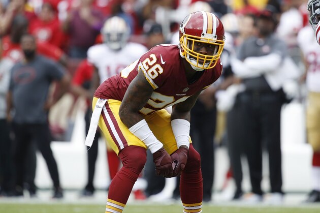 LANDOVER, MD - OCTOBER 15: Bashaud Breeland #26 of the Washington Redskins in action during a game against the San Francisco 49ers at FedEx Field on October 15, 2017 in Landover, Maryland. The Redskins won 26-24. (Photo by Joe Robbins/Getty Images)