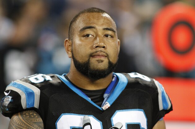 Carolina Panthers' Amini Silatolu (66) on the sidelines before an NFL football game against the Philadelphia Eagles in Charlotte, N.C., Sunday, Oct. 25, 2015. The Panthers won 27-16. (AP Photo/Bob Leverone)
