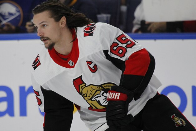 Ottawa Senators defenseman Erik Karlsson (65) skates prior to the first period of an NHL hockey game against the Buffalo Sabres, Tuesday Dec. 12, 2017, in Buffalo, N.Y. (AP Photo/Jeffrey T. Barnes)