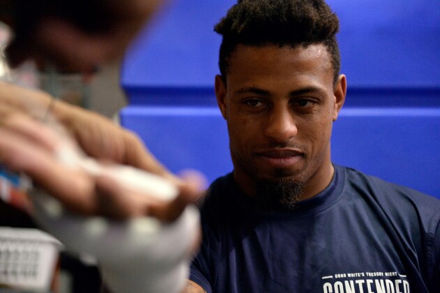 LAS VEGAS, NV - AUGUST 07:  Greg Hardy has his hands wrapped prior to his bout against Tebaris Gordon during Dana White's Tuesday Night Contender Series at the TUF Gym on August 7, 2018 in Las Vegas, Nevada. (Photo by Chris Unger/DWTNCS LLC)