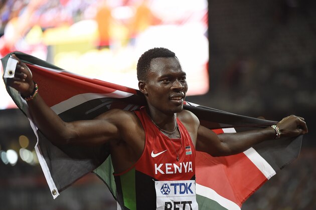 Kenya's Nicholas Bett celebrates winning the final of the men's 400 metres hurdles athletics event at the 2015 IAAF World Championships at the 'Bird's Nest' National Stadium in Beijing on August 25, 2015.  AFP PHOTO / OLIVIER MORIN        (Photo credit should read OLIVIER MORIN/AFP/Getty Images)