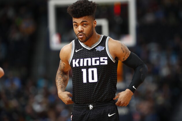 Sacramento Kings guard Frank Mason III (10) in the first half of an NBA basketball game Sunday, March 11, 2018, in Denver. (AP Photo/David Zalubowski)