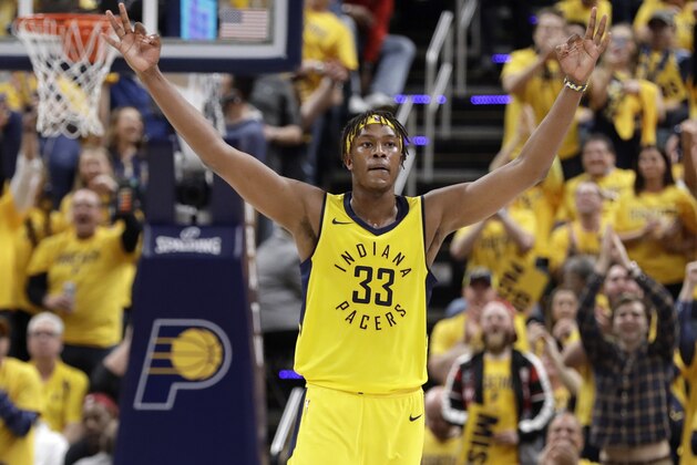 Indiana Pacers' Myles Turner celebrates during the second half of Game 6 of a first-round NBA basketball playoff series against the Cleveland Cavaliers, Friday, April 27, 2018, in Indianapolis. (AP Photo/Darron Cummings)