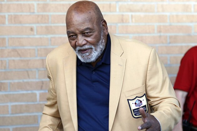 Former NFL player Jim Brown arrives for the inductions at the Pro Football Hall of Fame on Saturday, Aug. 4, 2018, in Canton, Ohio. (AP Photo/Ron Schwane)
