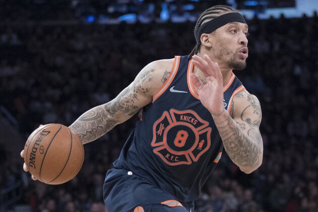 New York Knicks forward Michael Beasley handles the ball during the second half of an NBA basketball game against the Detroit Pistons, Saturday, March 31, 2018, at Madison Square Garden in New York. The Pistons won 109-115. (AP Photo/Mary Altaffer)