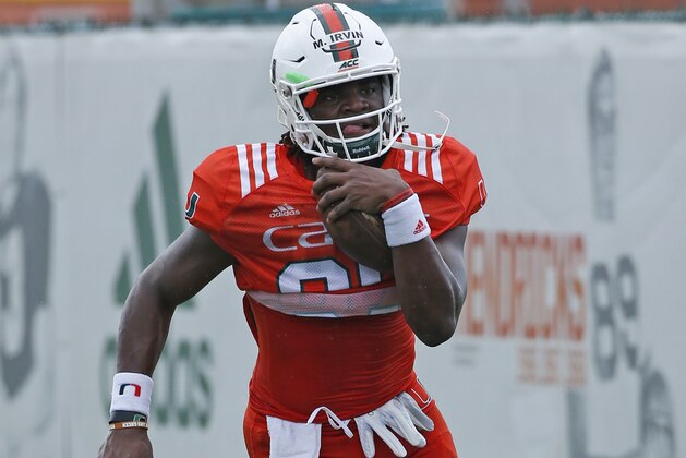 CORAL GABLES, FL - AUGUST 6: Michael Irvin II #87 of the Miami Hurricanes runs with the ball on August 6, 2016 at the Greentree Practice Fields on the campus of the University of Miami in Coral Gables, Florida. (Photo by Joel Auerbach/Getty Images)