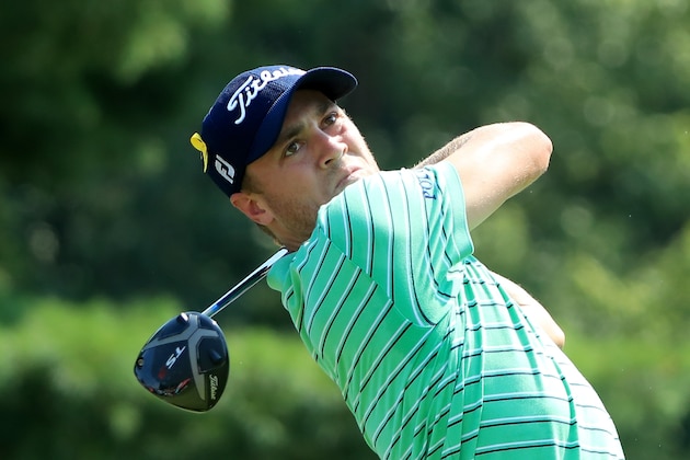 AKRON, OH - AUGUST 05:  Justin Thomas plays his shot from the eighth tee during the World Golf Championships-Bridgestone Invitational - Final Round at Firestone Country Club South Course on August 5, 2018 in Akron, Ohio.  (Photo by Sam Greenwood/Getty Images)