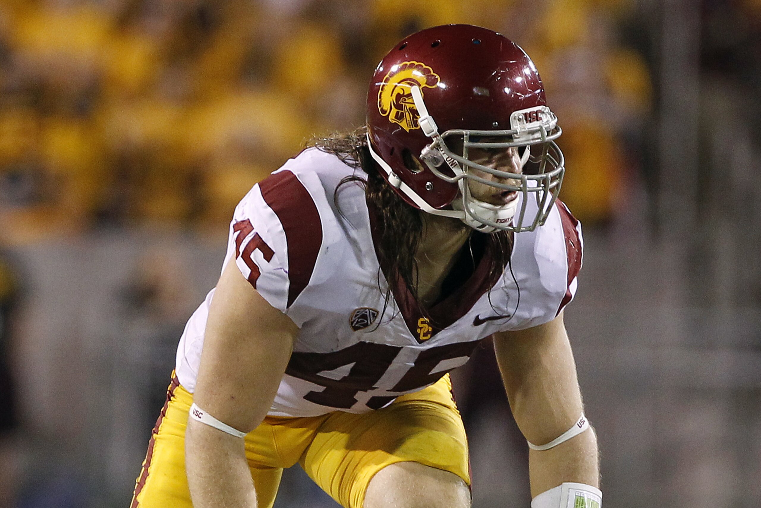 Southern California linebacker Porter Gustin in action during the second half of an NCAA college football game against Arizona State, Saturday, Oct. 28, 2017, in Tempe, Ariz. Southern California defeated Arizona State 48-17. (AP Photo/Ralph Freso)