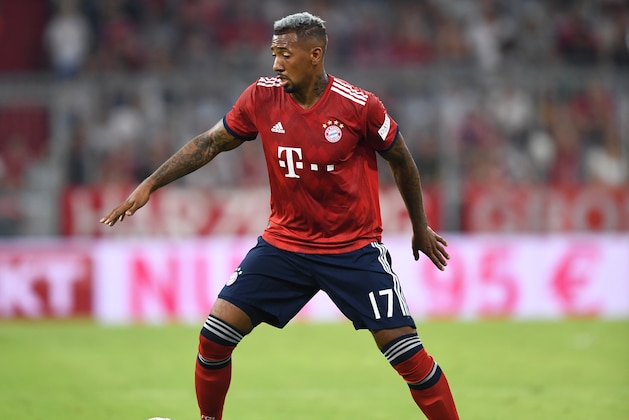 Bayern Munich's defender Jerome Boateng plays the ball during the pre-season friendly football match between FC Bayern Munich and Manchester United at the Allianz Arena in Munich, southern Germany on August 5, 2018. (Photo by Christof STACHE / AFP)        (Photo credit should read CHRISTOF STACHE/AFP/Getty Images)