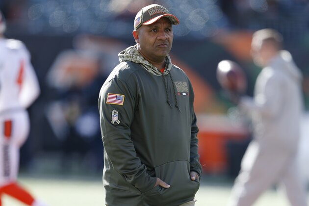 Cleveland Browns head coach Hue Jackson works the field during practice before an NFL football game against the Cincinnati Bengals, Sunday, Nov. 26, 2017, in Cincinnati. (AP Photo/Gary Landers)