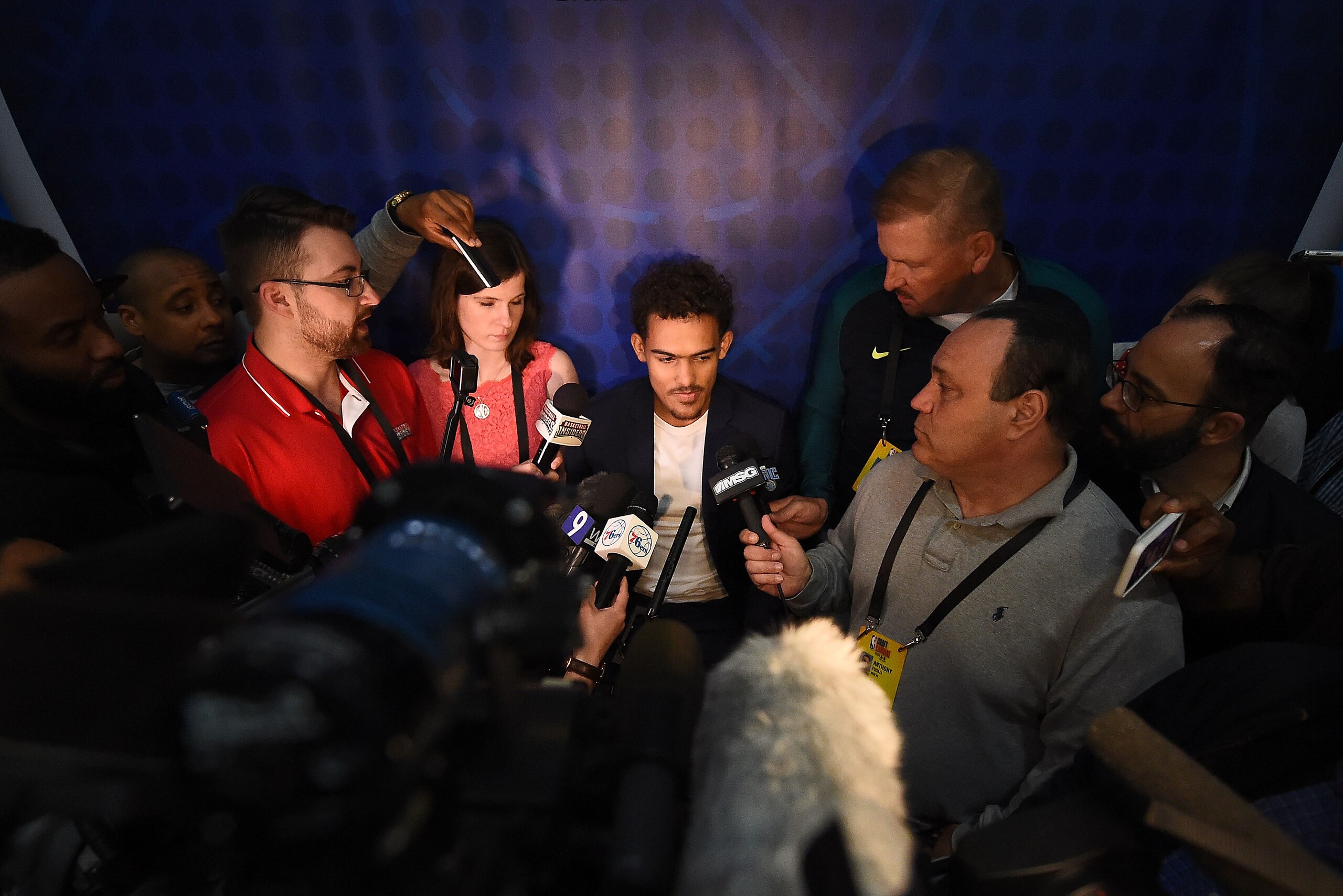 CHICAGO, IL - MAY 18:  Trae Young speaks with reporters during Day Two of the NBA Draft Combine at Quest MultiSport Complex on May 18, 2018 in Chicago, Illinois.  NOTE TO USER: User expressly acknowledges and agrees that, by downloading and or using this photograph, User is consenting to the terms and conditions of the Getty Images License Agreement.  (Photo by Stacy Revere/Getty Images)