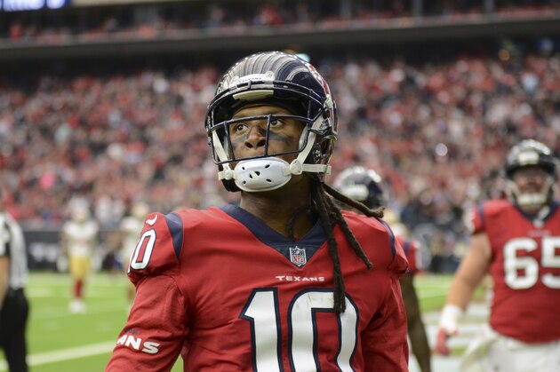 Houston Texans wide receiver DeAndre Hopkins (10) scores a touchdown against the San Francisco 49ers during an NFL football game, Sunday, Dec. 10, 2017, in , Texas. (AP Photo/Mike Marshall)