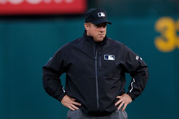 OAKLAND, CA - APRIL 18:  MLB umpire Bruce Dreckman #1 stands on the field during the second inning between the Oakland Athletics and the Texas Rangers at the Oakland Coliseum on April 18, 2017 in Oakland, California. The Oakland Athletics defeated the Texas Rangers 4-2. (Photo by Jason O. Watson/Getty Images)
