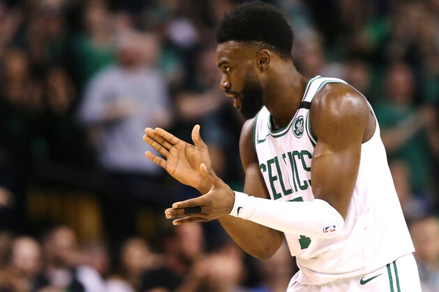 BOSTON, MA - MAY 27: Jaylen Brown #7 of the Boston Celtics reacts during Game Seven of the 2018 NBA Eastern Conference Finals against the Cleveland Cavaliers at TD Garden on May 27, 2018 in Boston, Massachusetts. (Photo by Maddie Meyer/Getty Images)