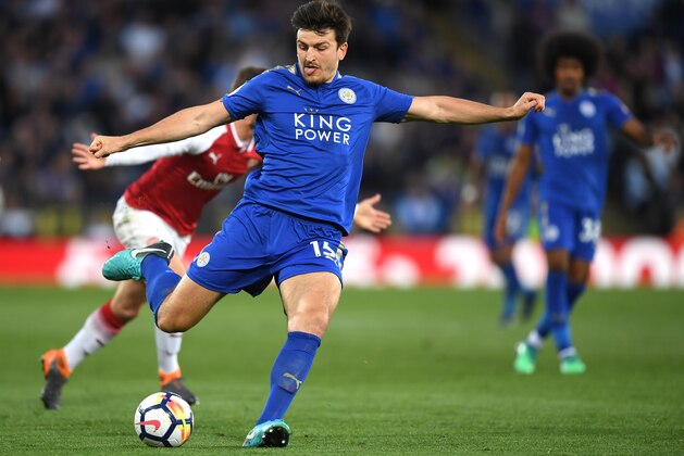 LEICESTER, ENGLAND - MAY 09:  Harry Maguire of Leicster City  runs with the ball during the Premier League match between Leicester City and Arsenal at The King Power Stadium on May 9, 2018 in Leicester, England.  (Photo by Shaun Botterill/Getty Images)